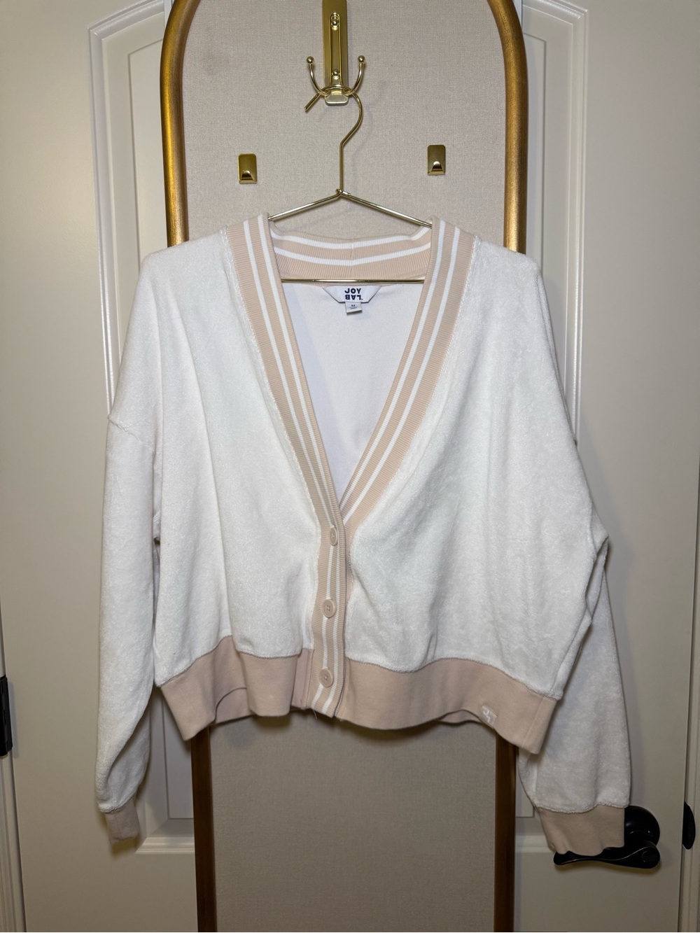 Cozy White Cardigan with Beige Trim - Picture 2 of 4
